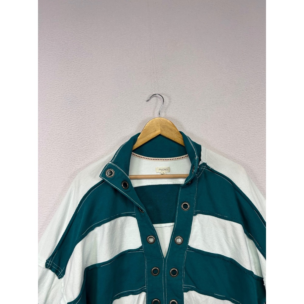 Boho Coastal Pilcro Womens Small Teal White Striped Grommet Cropped Sweatshirt - Picture 8 of 10